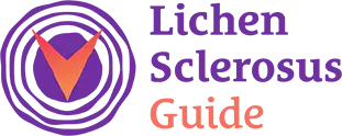 Lichen Sclerosus Guide logo with pink V shape set within four embedded purple circles
