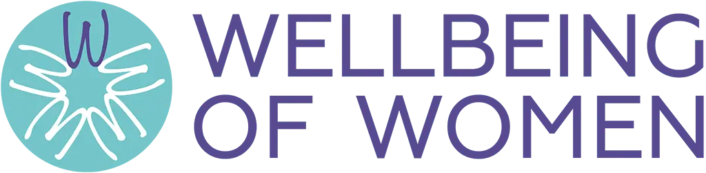 Text logo: Wellbeing of Women, with flower design, petals formed from letter W 